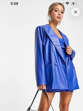 Blue Faux-Leather Double-Breasted Blazer Jacket & Dress